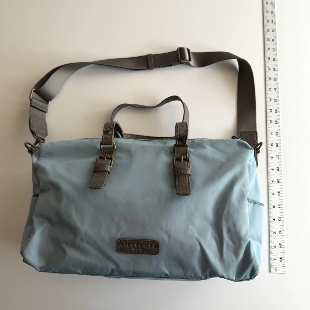 Liebeskin Berlin Nylon and Leather Sachel Hobo Powder Blue Taupe Bag Purse